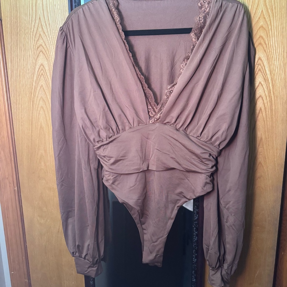 Brown Lace Trim Bodysuit Top
